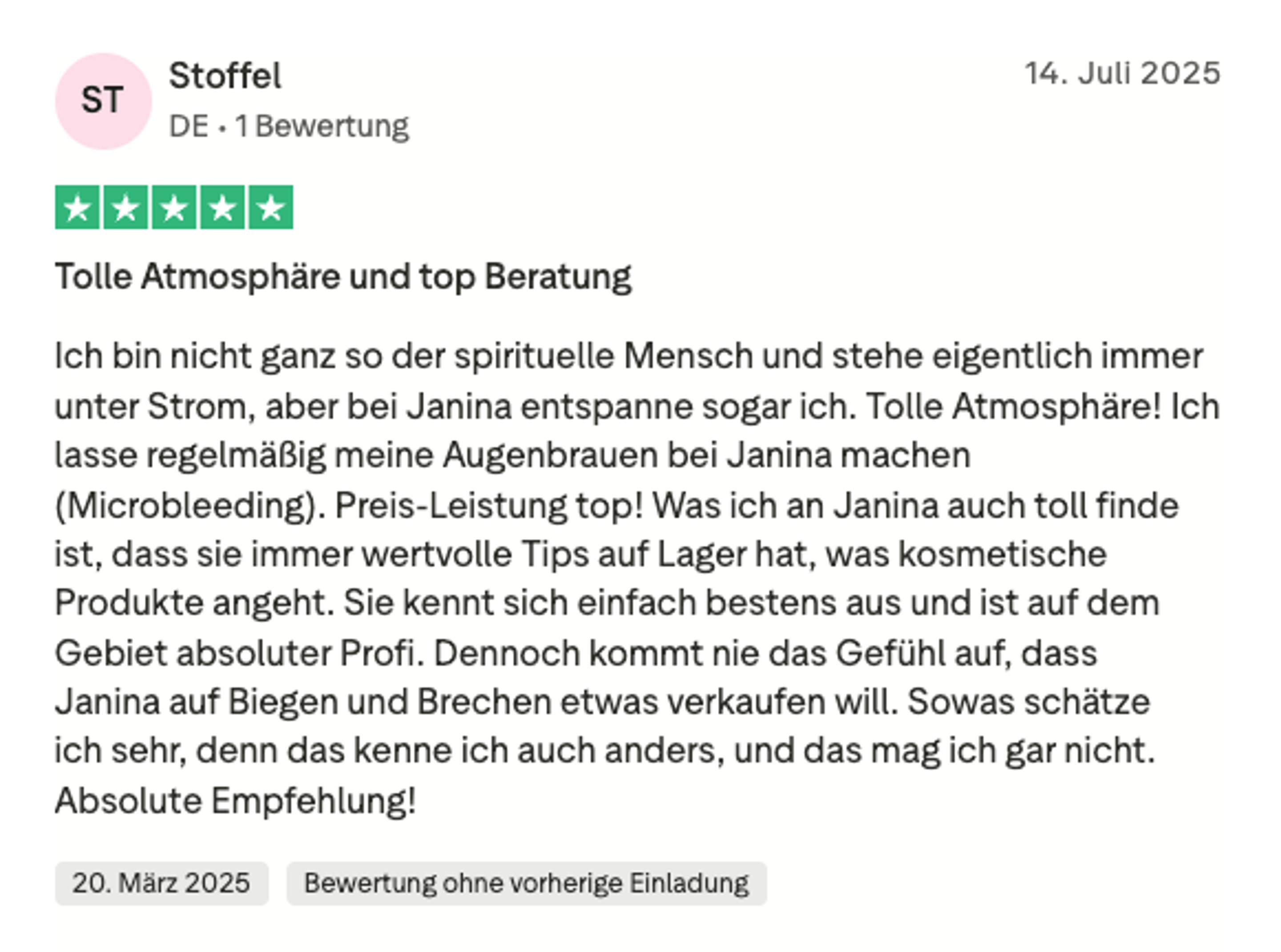 Trustpilot-Bewertung Stoffel – 5 Sterne für Permanent Make-up bei Facettenreich