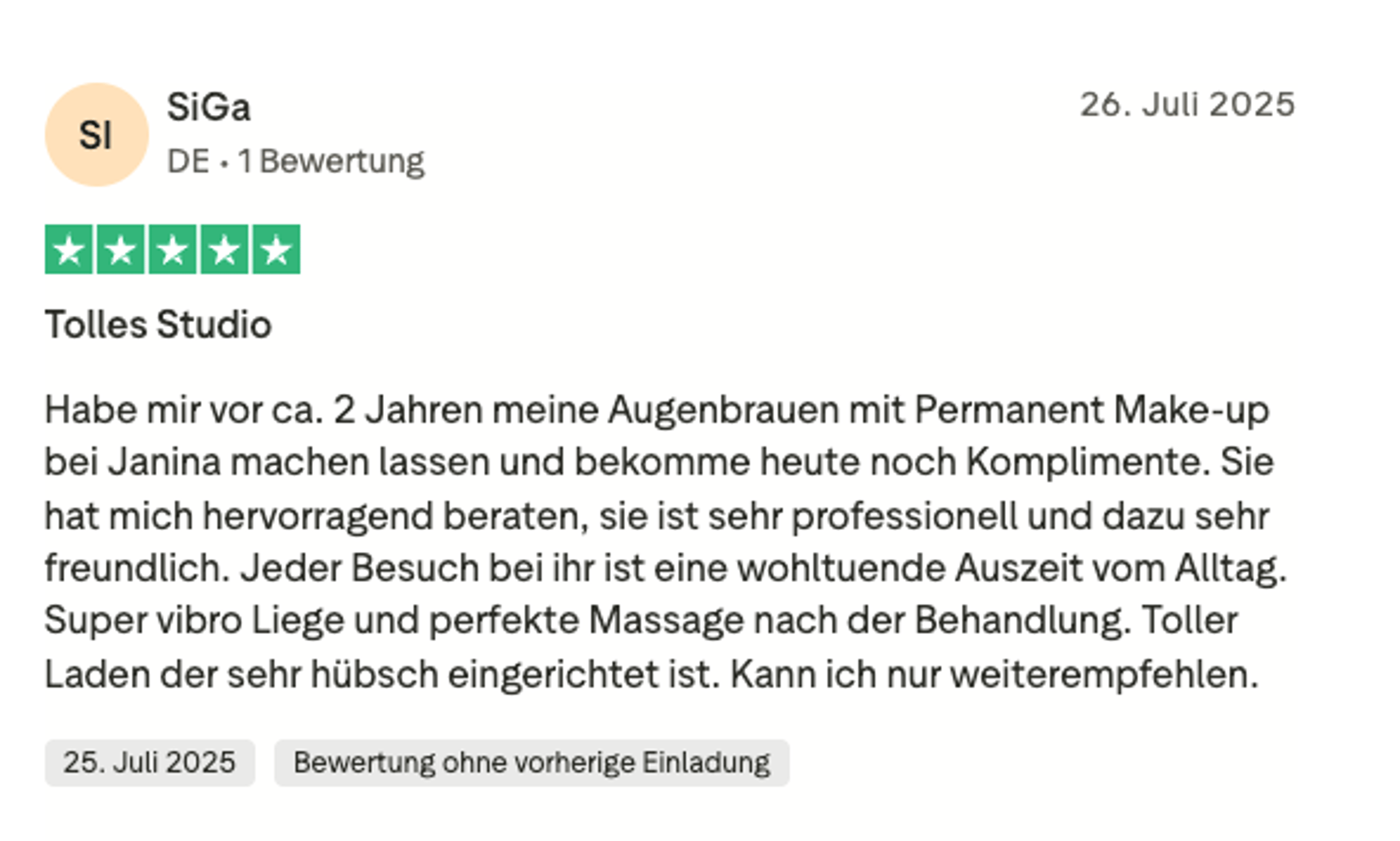 Trustpilot-Bewertung SiGa – 5 Sterne für Permanent Make-up bei Facettenreich
