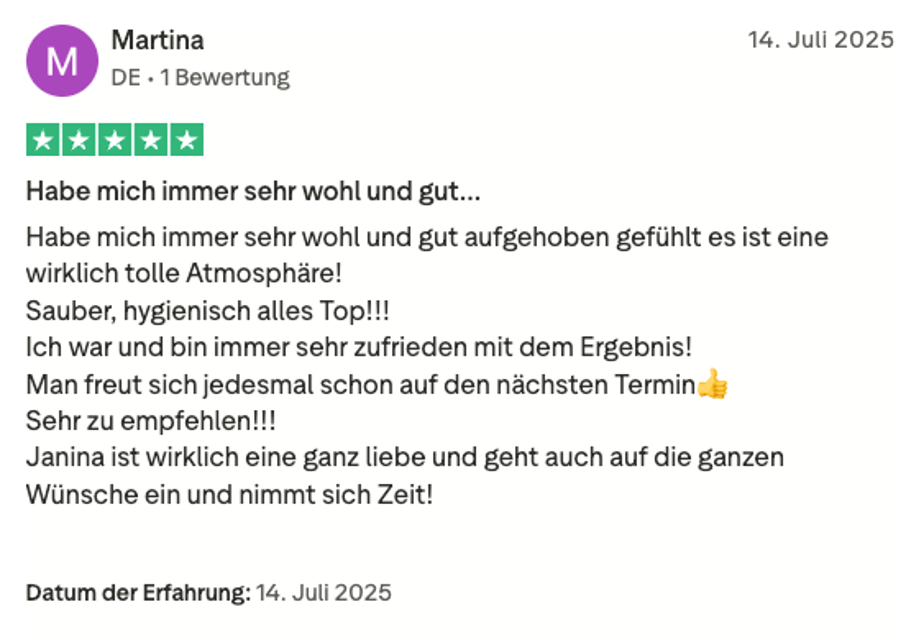 Trustpilot-Bewertung Martina – 5 Sterne für Facettenreich