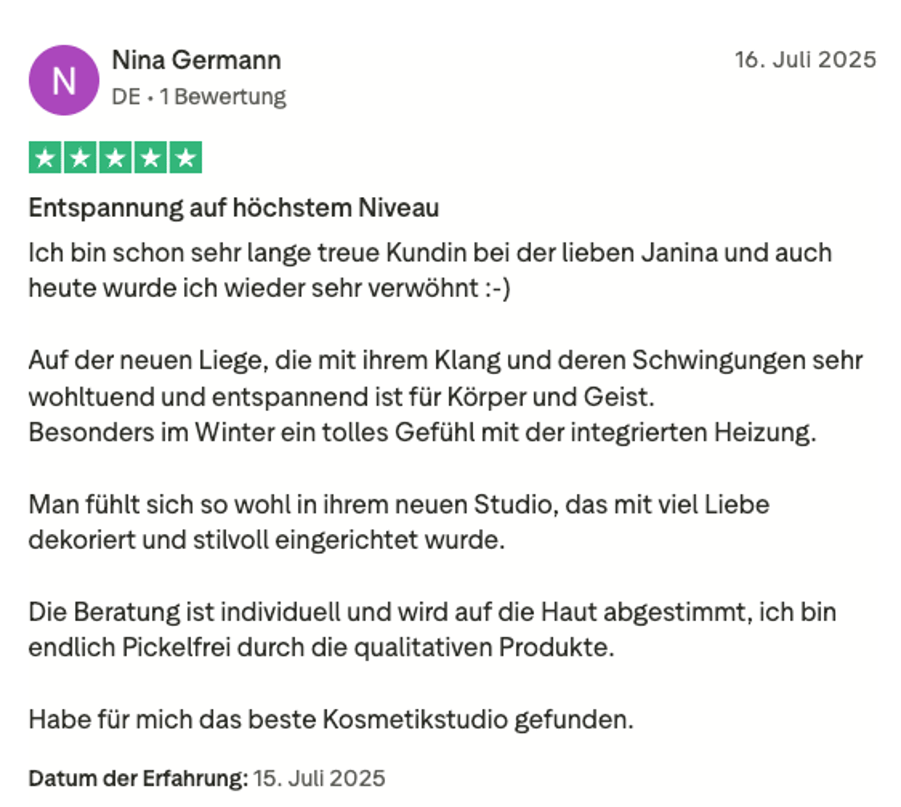 Trustpilot-Bewertung Nina Germann – „Entspannung auf höchstem Niveau“ – 5 Sterne für Facettenreich Seelenmomente