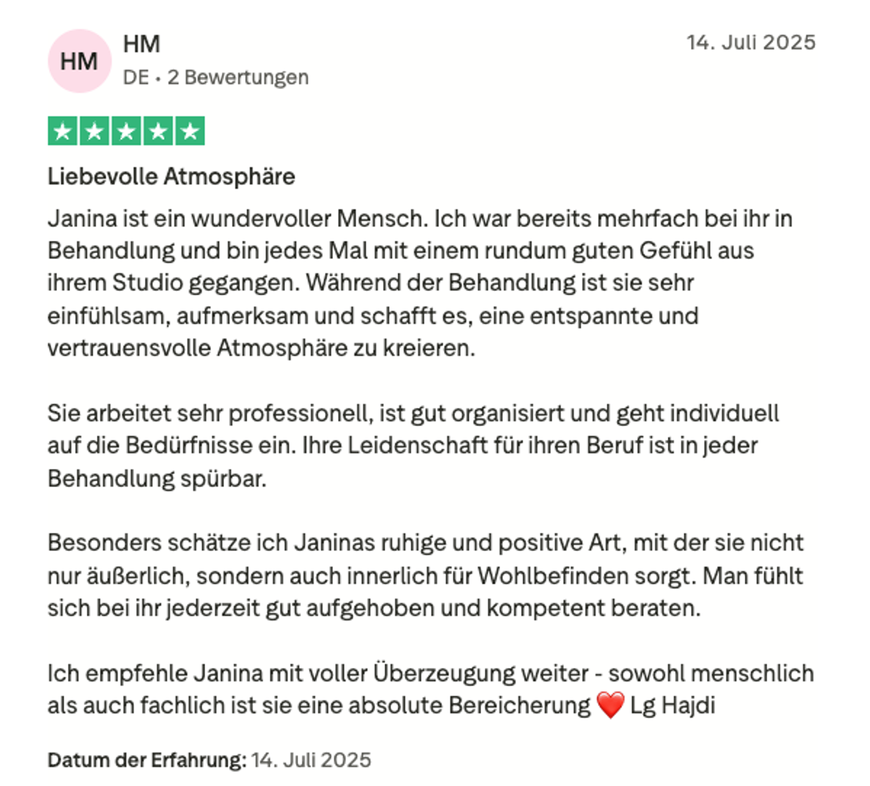 Trustpilot-Bewertung HM – „Liebevolle Atmosphäre“ – 5 Sterne für Facettenreich Seelenmomente