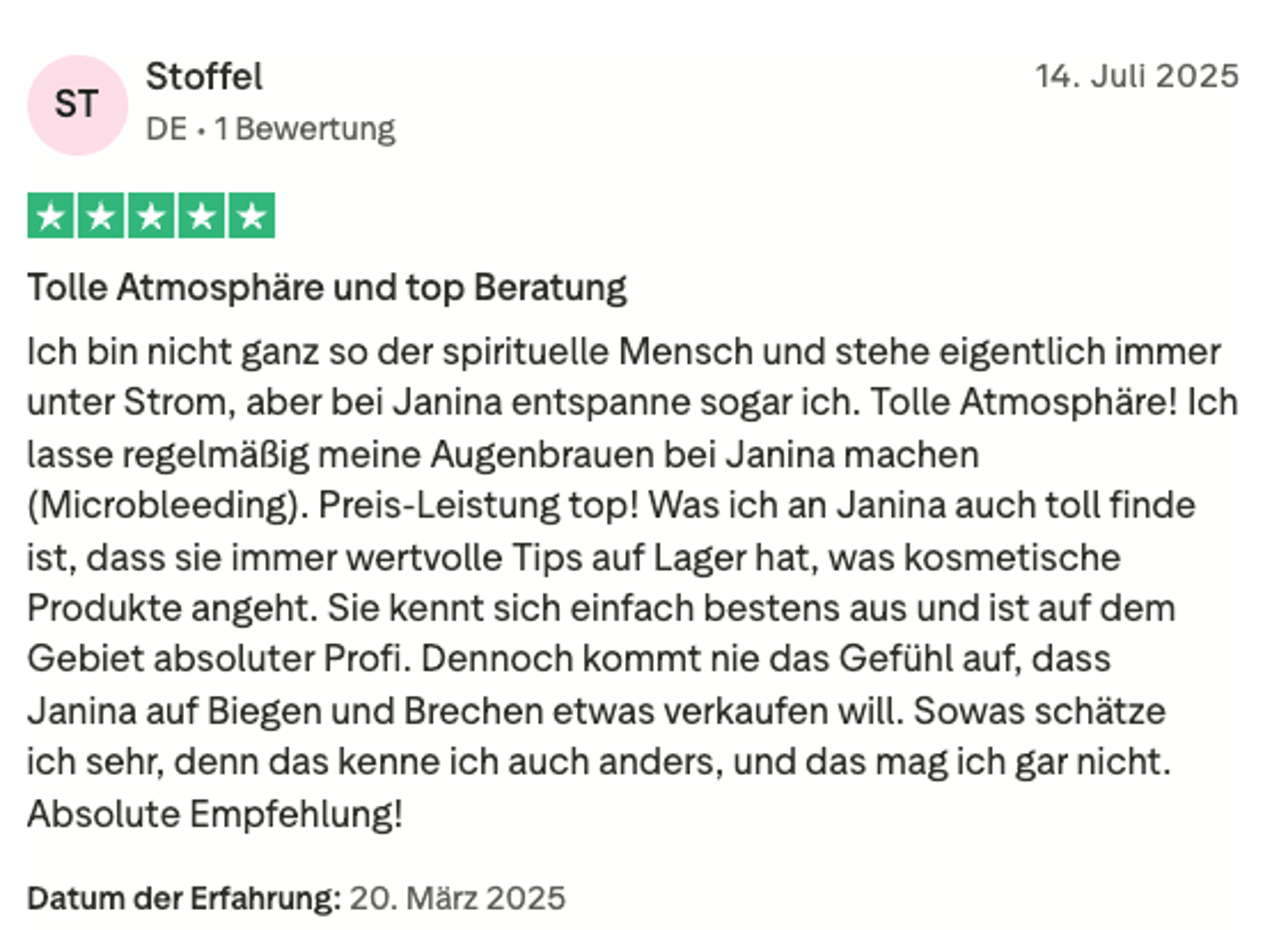 Trustpilot-Bewertung Stoffel – „Tolle Atmosphäre und top Beratung“ – 5 Sterne für Facettenreich Seelenmomente